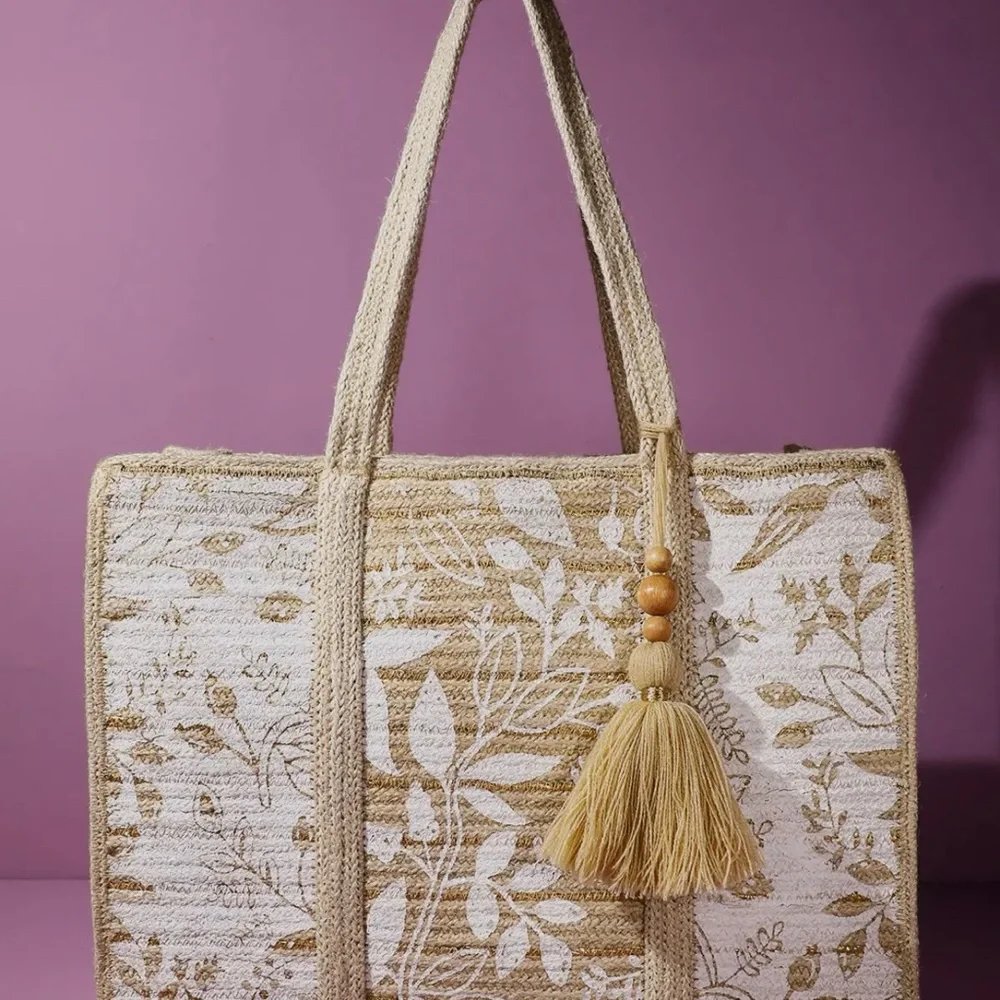 Jute Shoulder Floral Bag Beige NWT - Picture 7 of 16